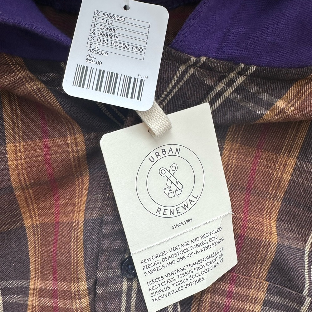 URBAN RENEWAL brown plaid flannel crop hooded up-cycled shirt size Small - NWT! - Picture 5 of 8